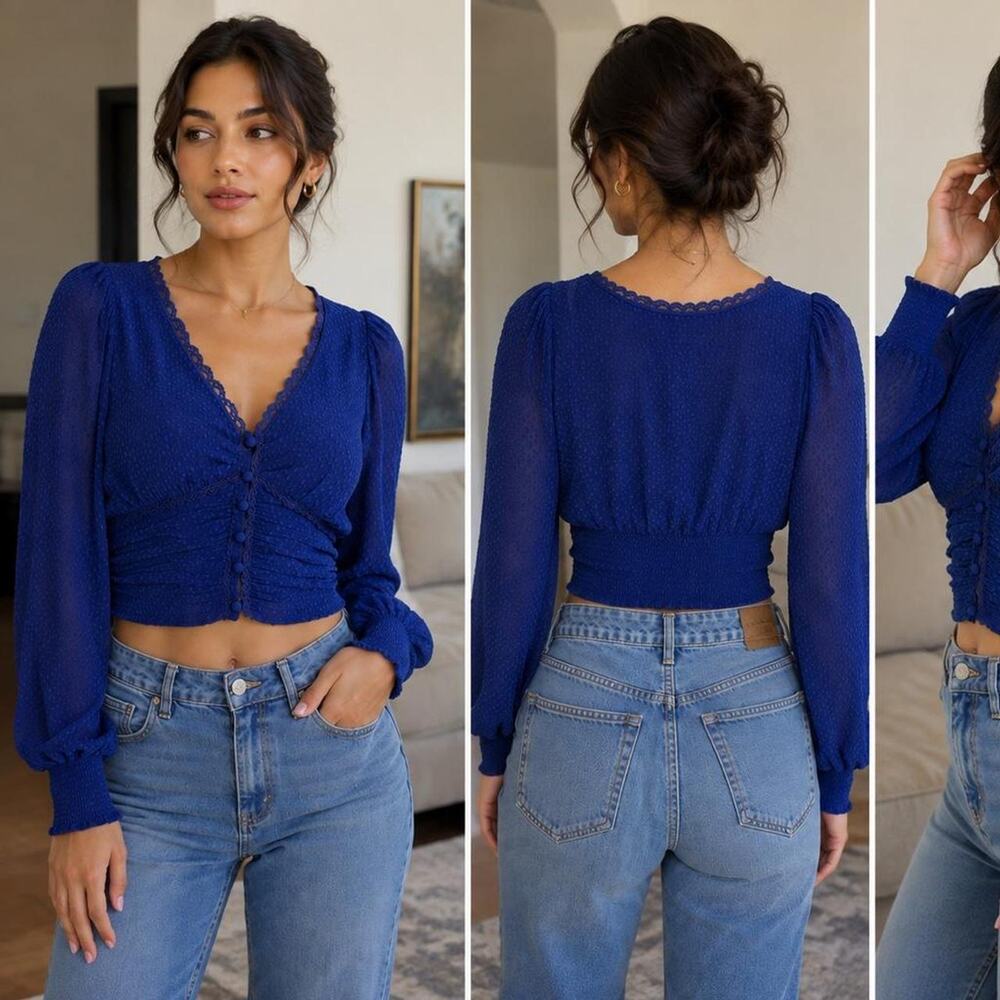 💙 Jessica Simpson Blue Textured Crop Blouse – Size Large